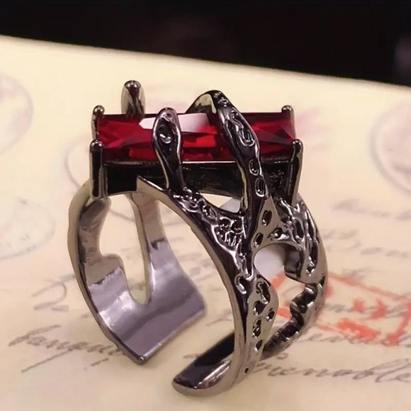 NEW Black Goth Wrap Ring Red Zirconia Stone Rhinestones Silver Goth Punk GIFT - Picture 1 of 6